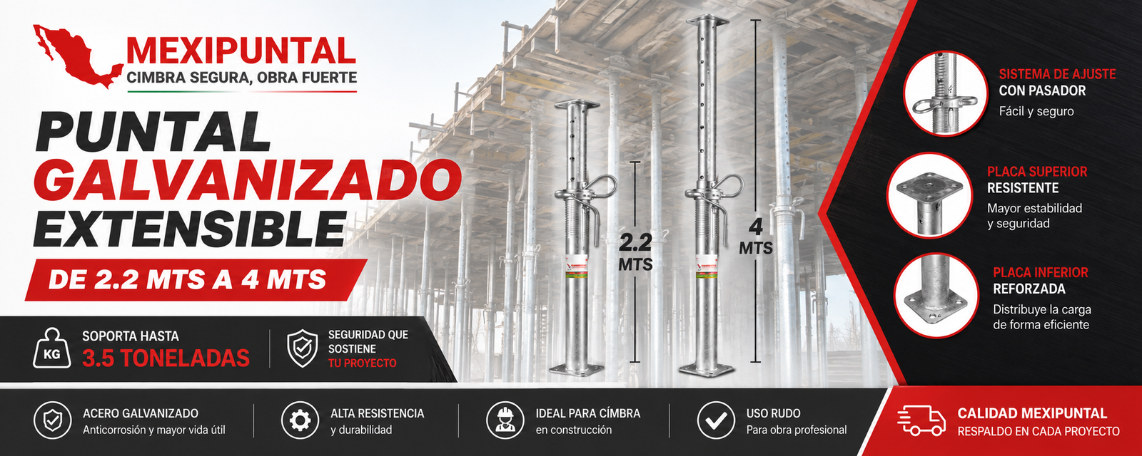 Puntales galvanizados MexiPuntal de 2.20 y 4 metros para cimbra